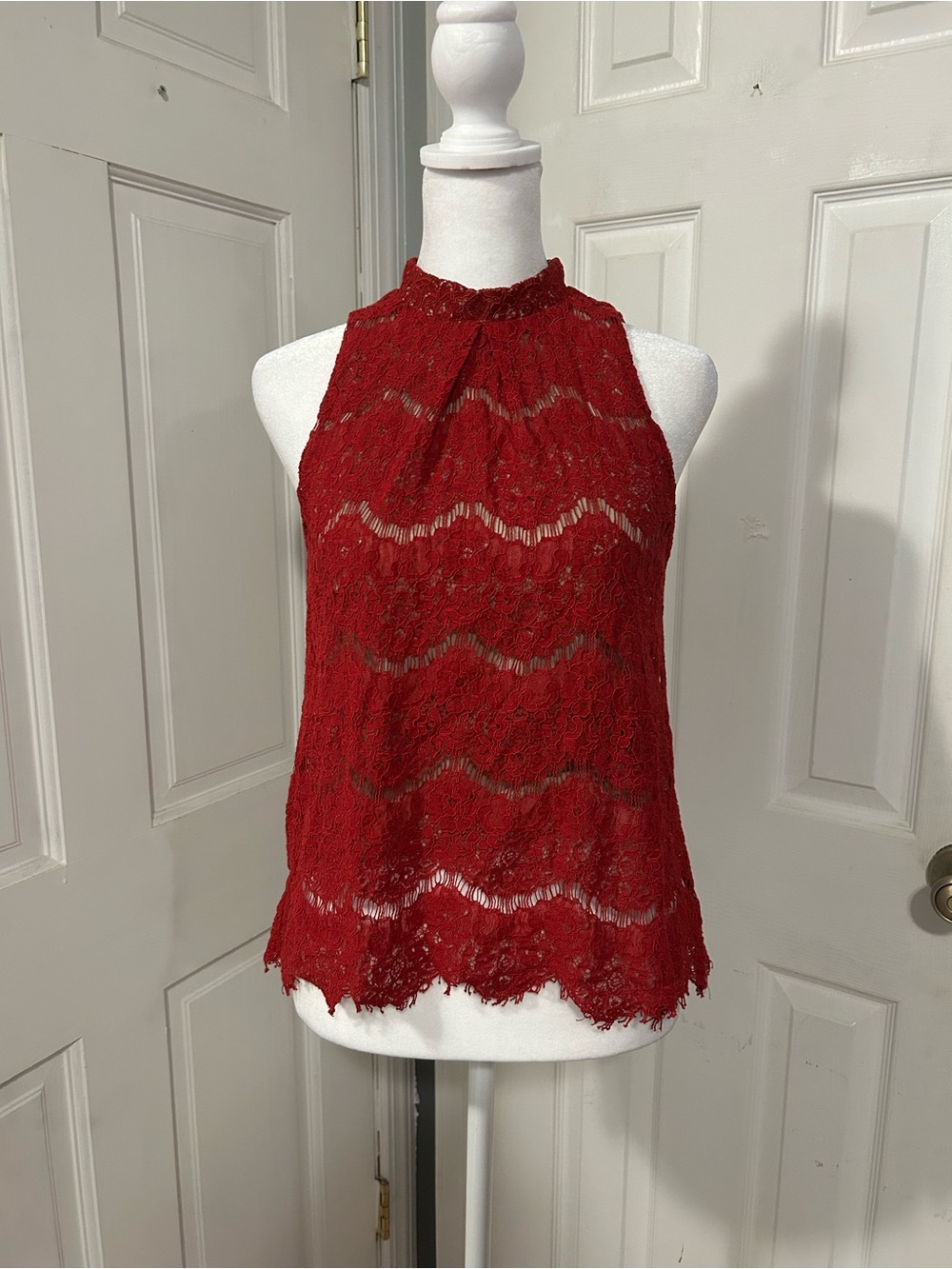 love, Fire Red Lace Halter Camisole with Keyhole Back